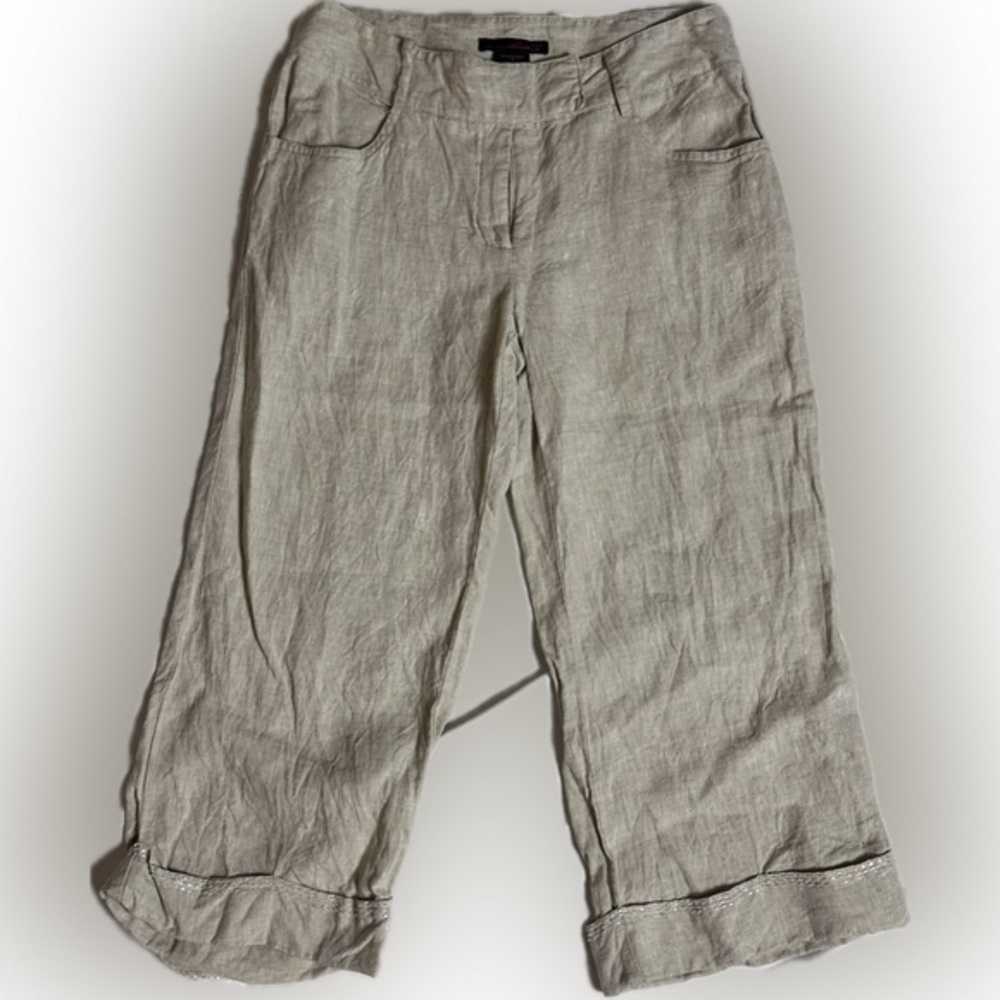 Willie Smith Linen Cuffed Capris. Embroidered on Cuffs. Womens Size 8
